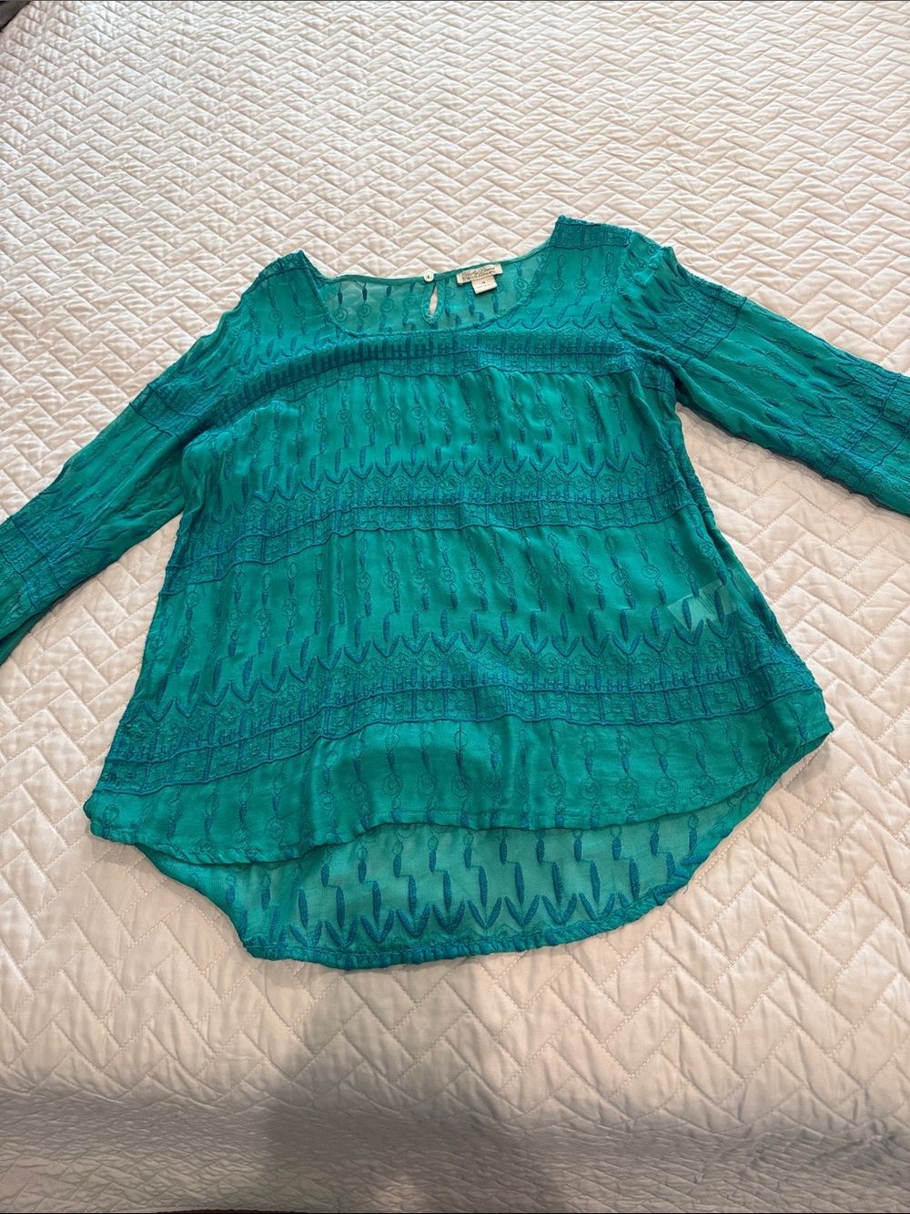 Lucky Brand Teal Sheer Embroidered Peasant Blouse